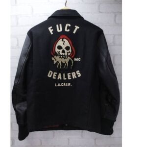 RARE FUCT SSDD Dealers Black Leather Sleeve Varsity Jacket - Men's